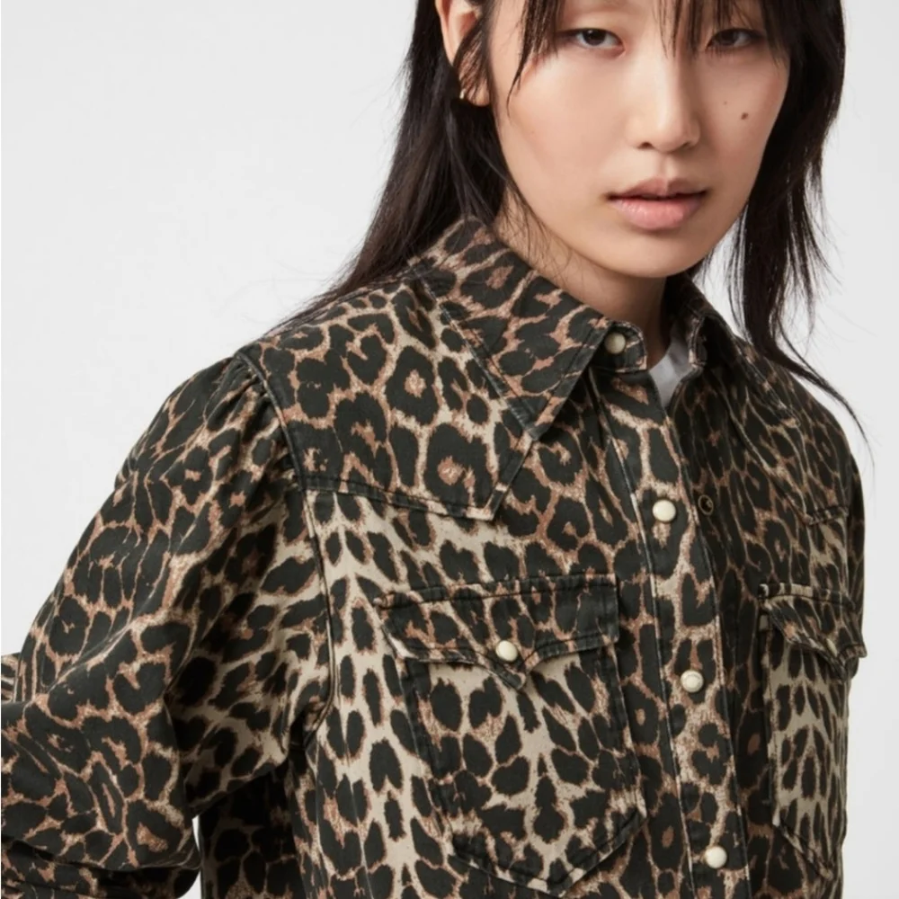 ALLSAINTS Ezra Leopard Print Snap Long Sleeved Jacket Top Size 0 - Picture 4 of 8